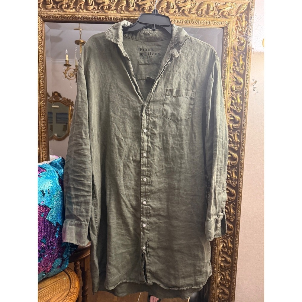 Frank & Eileen Mary Linen Button Up Shirt Dress Olive Green Long Sleeve Womens S